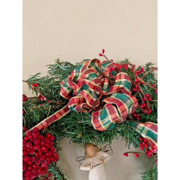 Handmade Willow Tree Angel Christmas 21" Wreath With Plaid Bow And Red Accents - Picture 7 of 11